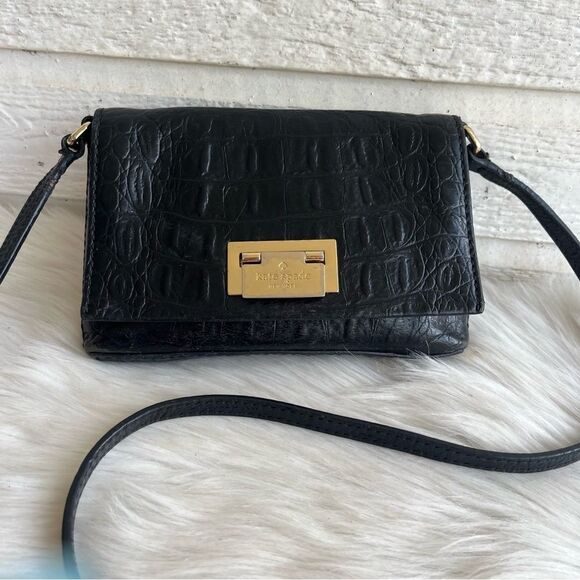 KATE SPADE Black Leather Croc Embossed Madison Knott Rosie Crossbody - Picture 2 of 11